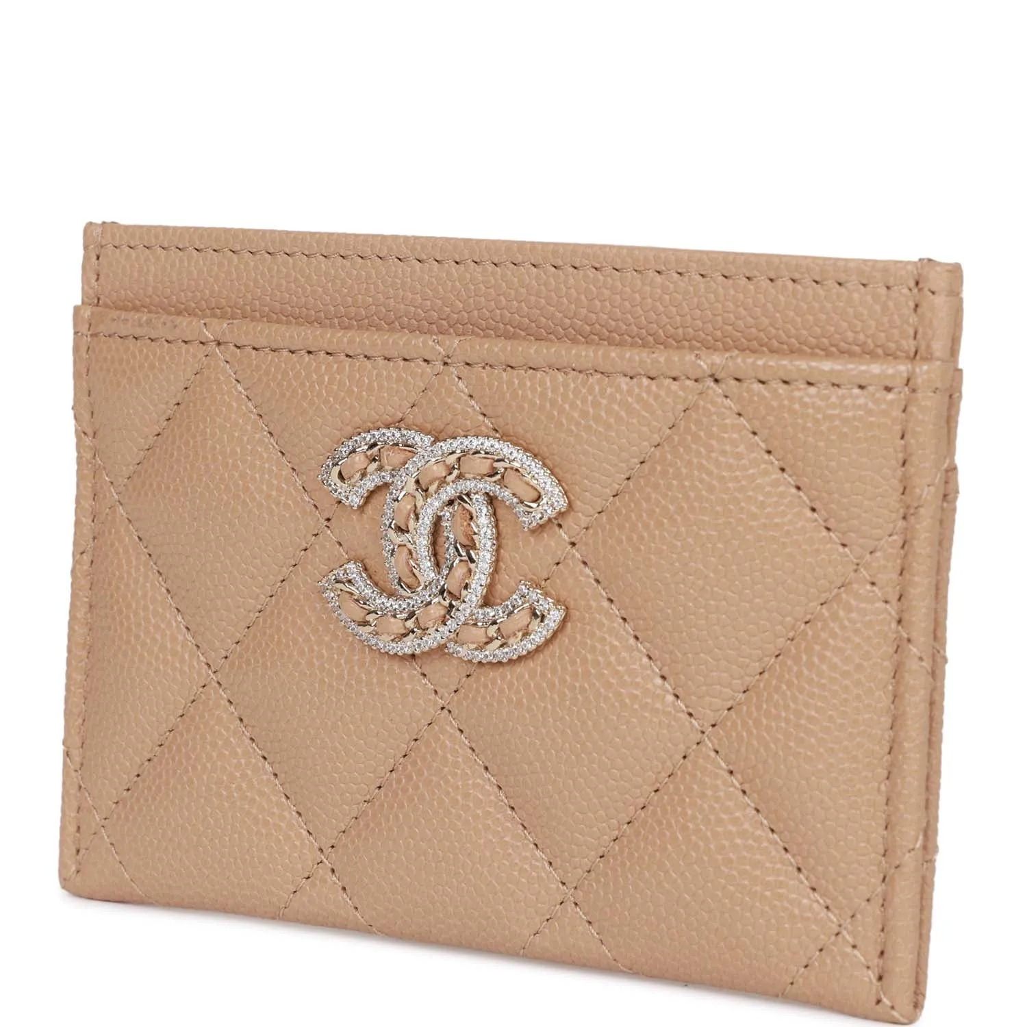 Chanel Card Holder Wallet Beige Caviar Crystal and Light Gold Hardware