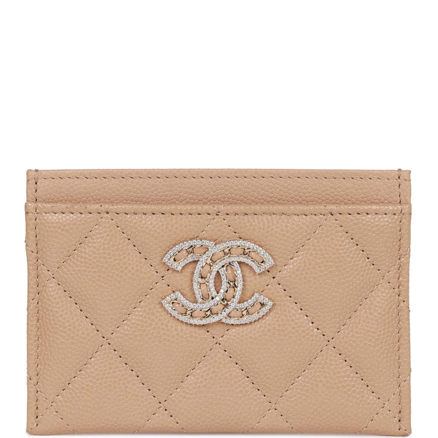 Chanel Card Holder Wallet Beige Caviar Crystal and Light Gold Hardware