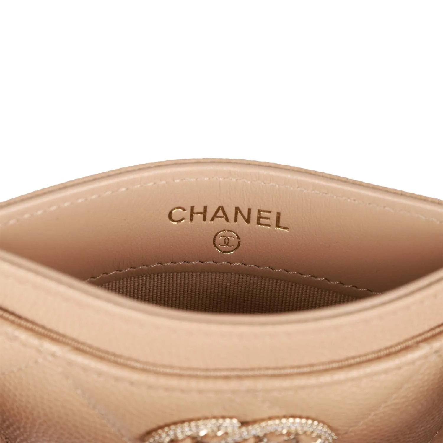 Chanel Card Holder Wallet Beige Caviar Crystal and Light Gold Hardware