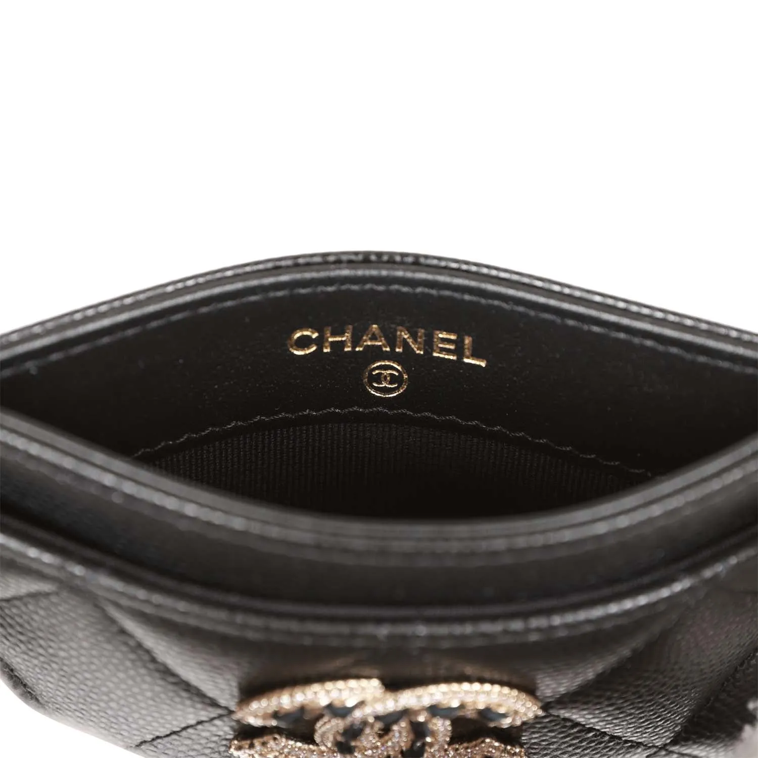 Chanel Card Holder Wallet Black Caviar Crystal and Light Gold Hardware