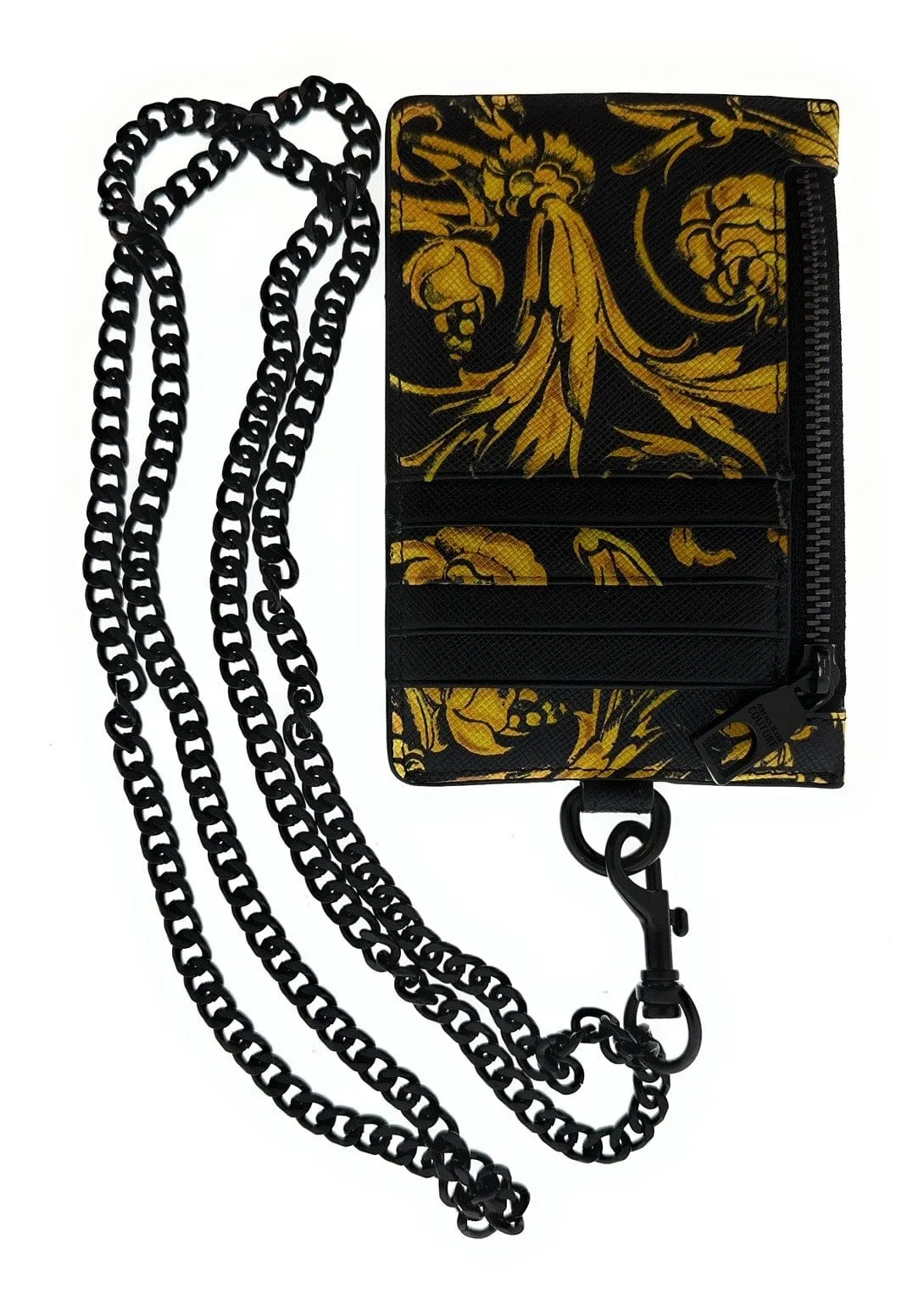 Defective- Versace Jeans Couture Black Baroque Print Zippered Lanyard Wallet Cardholder