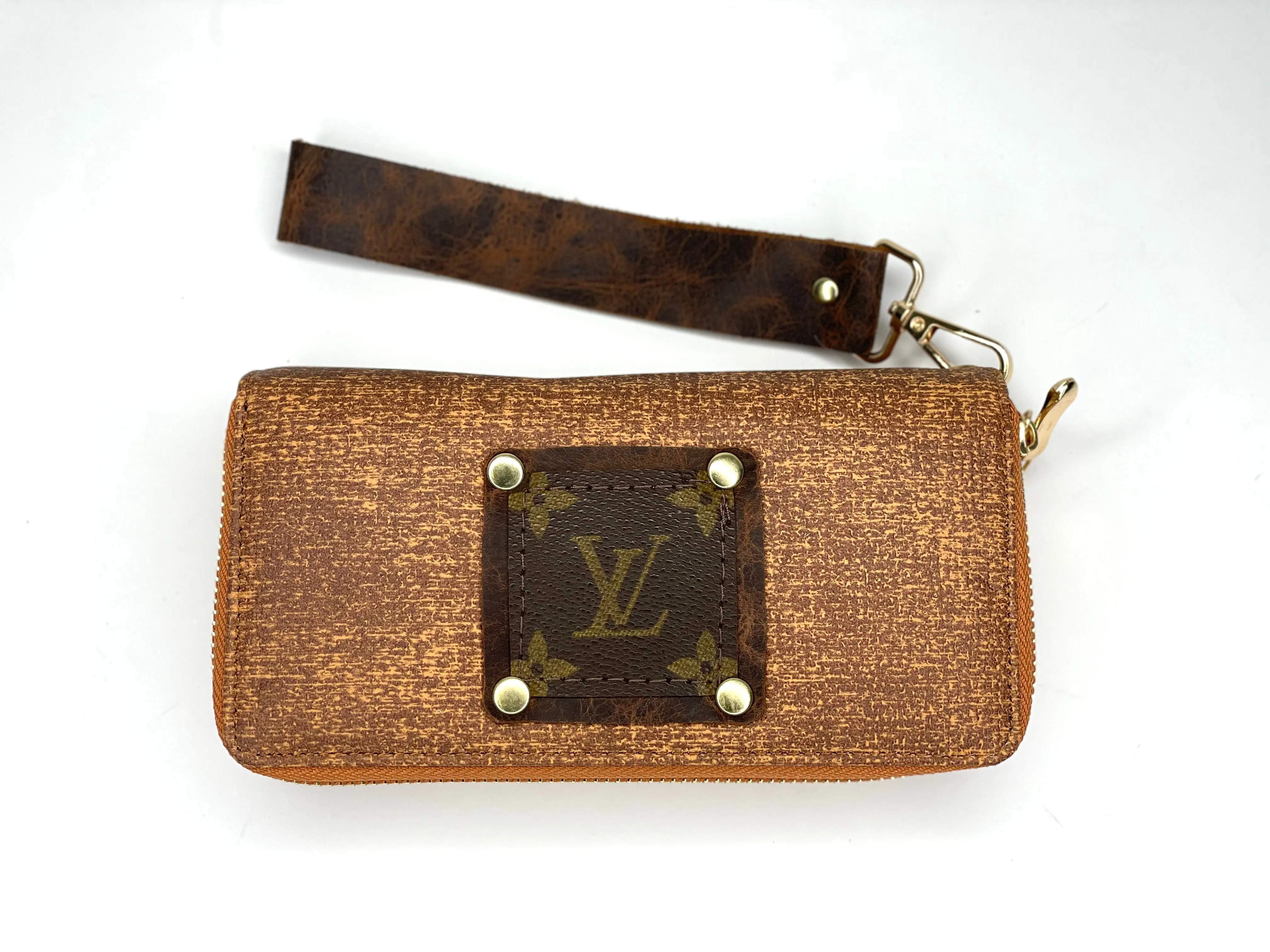 Double Wristlet Wallet Dark orange cork  (brown patch, gold hardware)