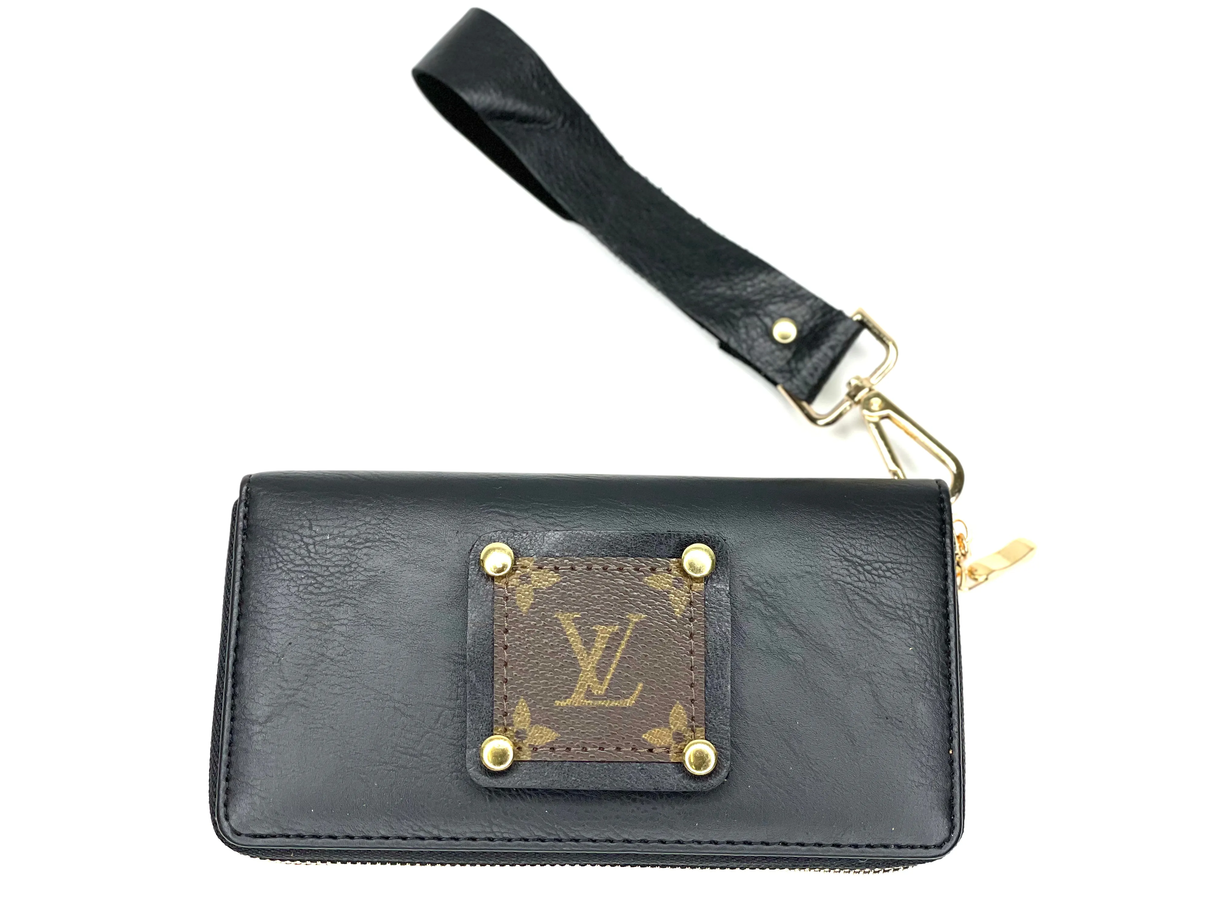 Double Wristlet Wallet in Black (black patch, gold hardware)
