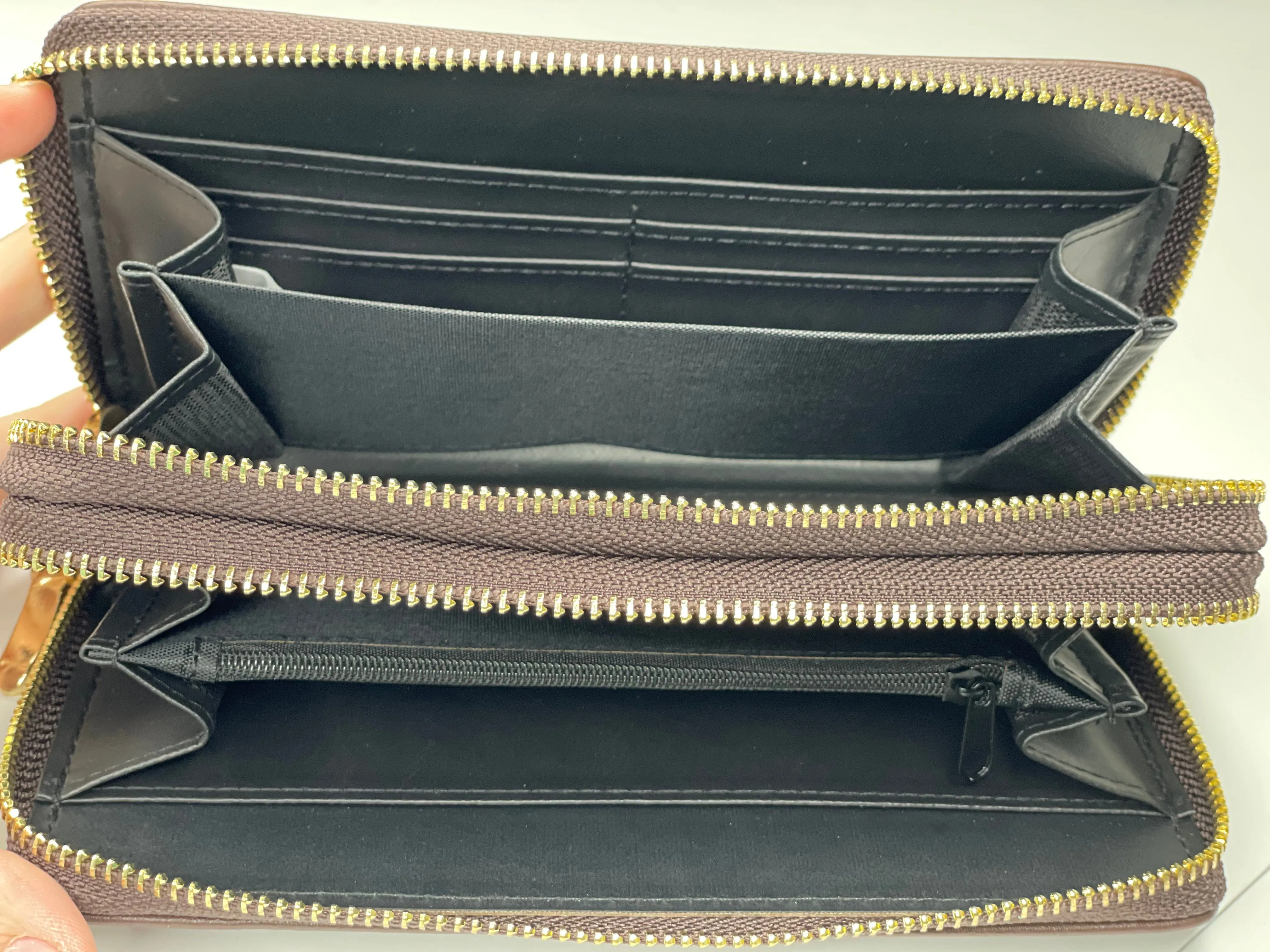 Double Wristlet Wallet in Black (black patch, gold hardware)