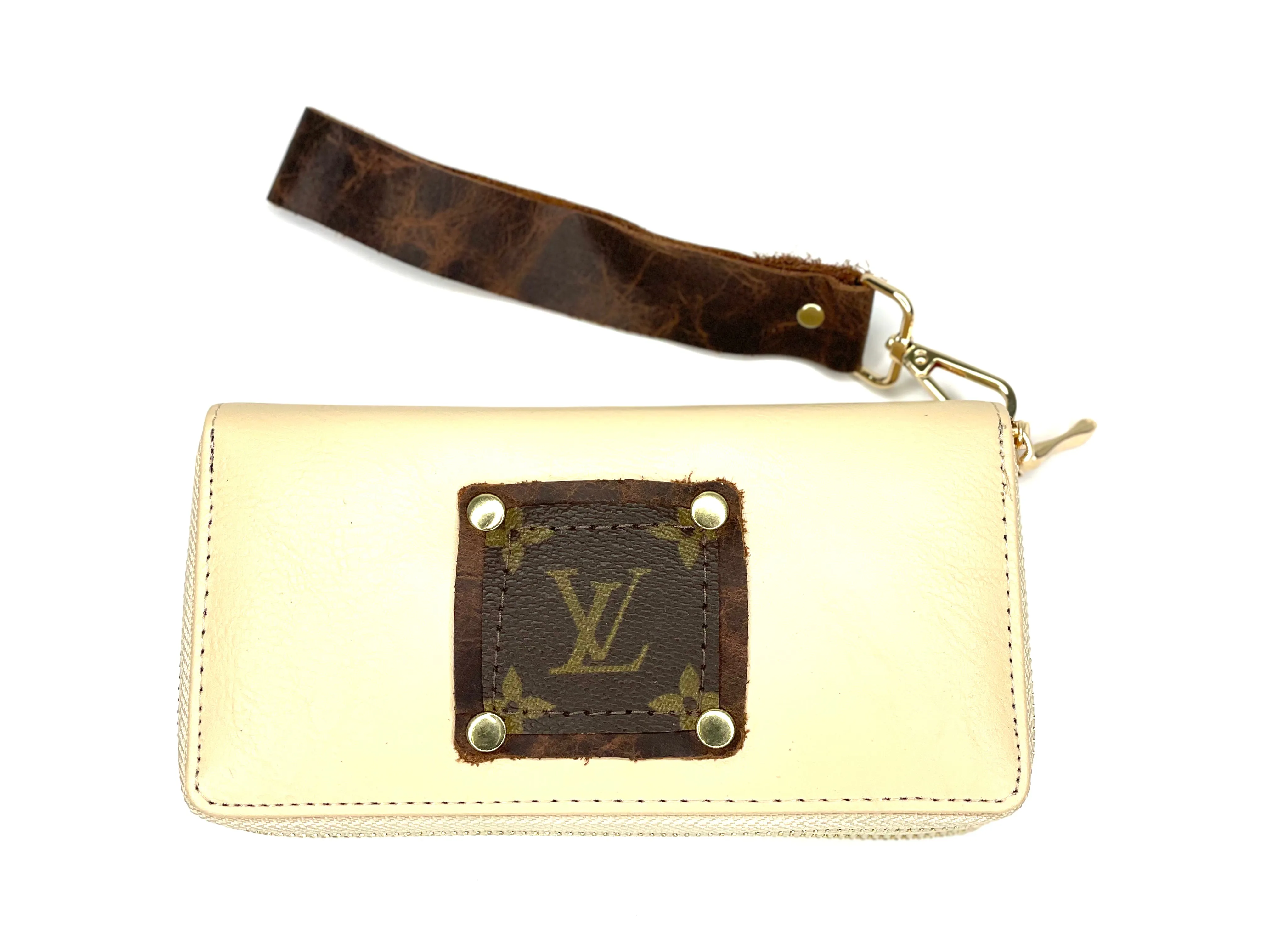 Double Wristlet Wallet in Cream (brown patch, gold hardware)