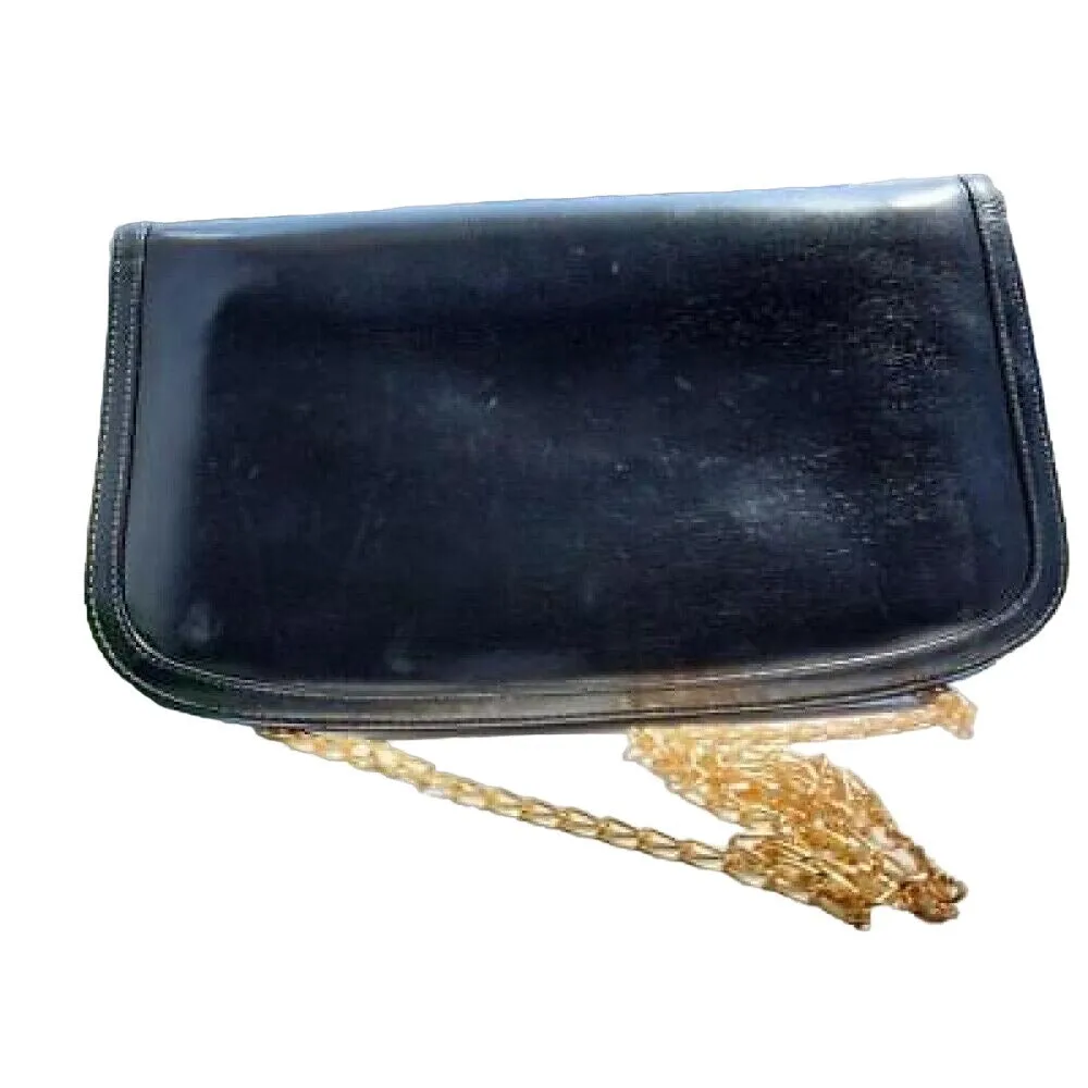 Gucci black leather two-way bag w enamel GG clasp & chain strap
