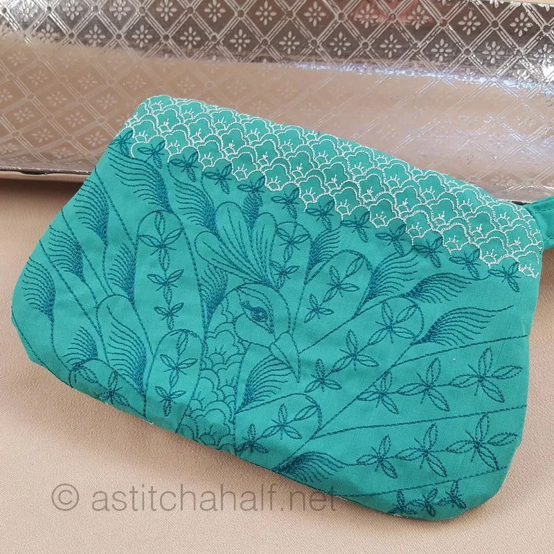 Peacock Sashiko Style ITH Wrist Purse
